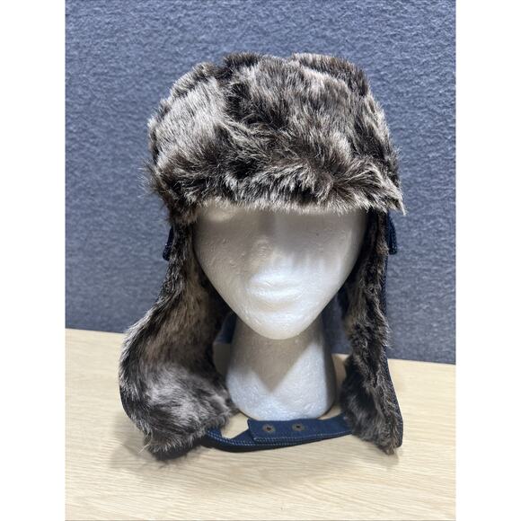 True Religion Trapper Hat Dark Blue Cotton Faux Fur Horseshoe Pockets Chin Strap - Picture 3 of 10